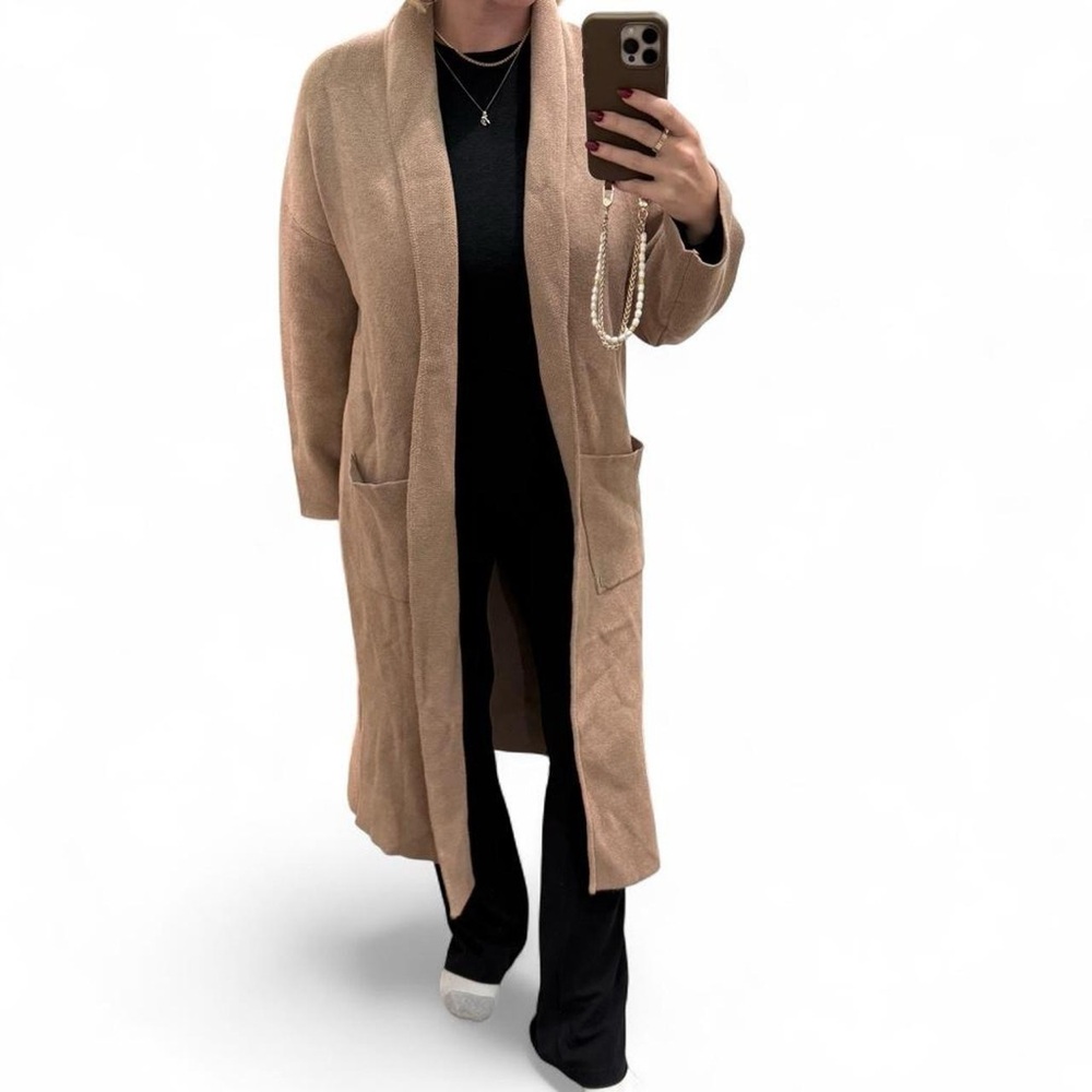 Mango Long Open-Front Camel Coatigan with Pockets